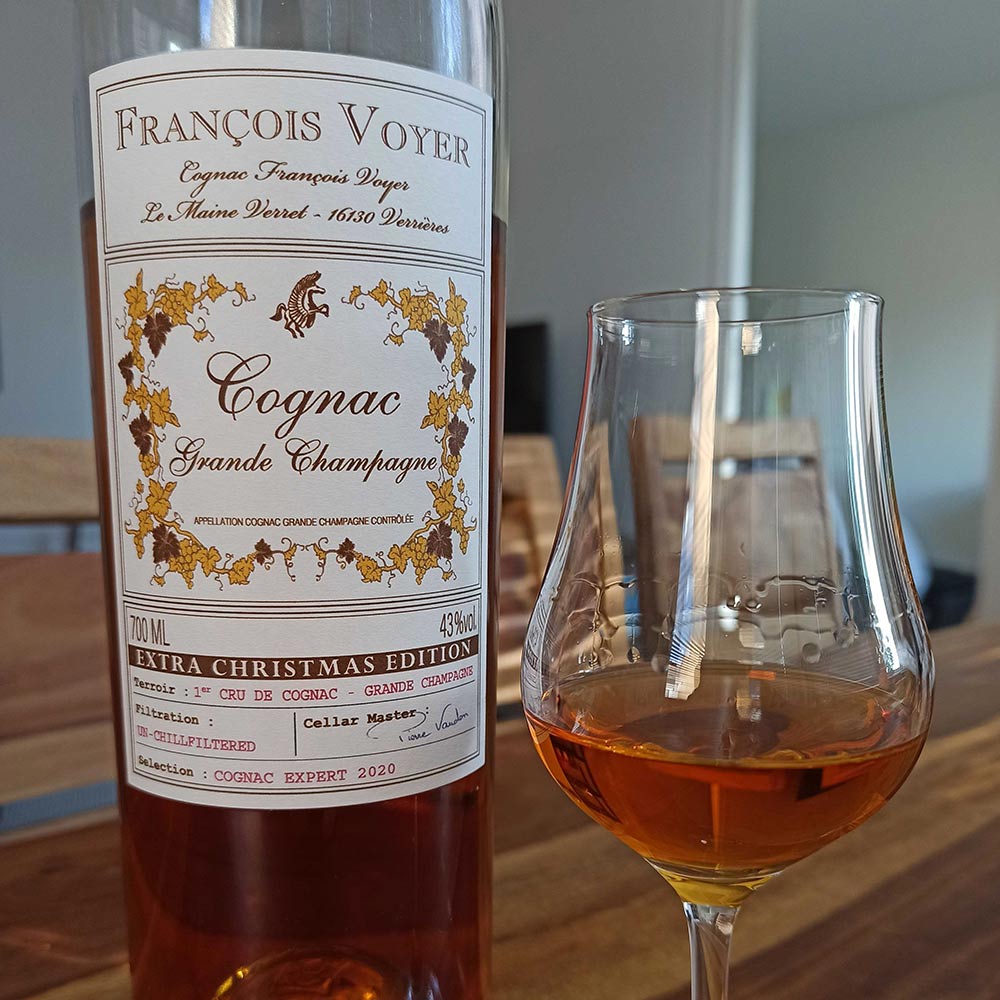Francois Voyer Christmas Cognac with glass close up